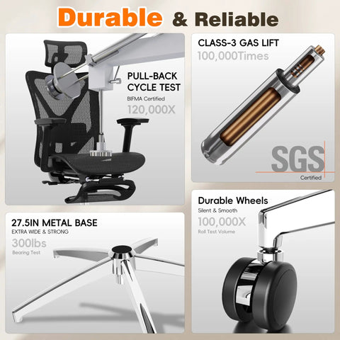 Ergonomic Office Chair With Footrest And 135 Degree Recline For All Day Comfort, metal base, gas lift, durable wheel features