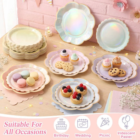 Iridescent Pastel Party Plates And Napkins Set For 24 Guests, 72 Piece Disposable Rainbow Tableware with desserts on plates