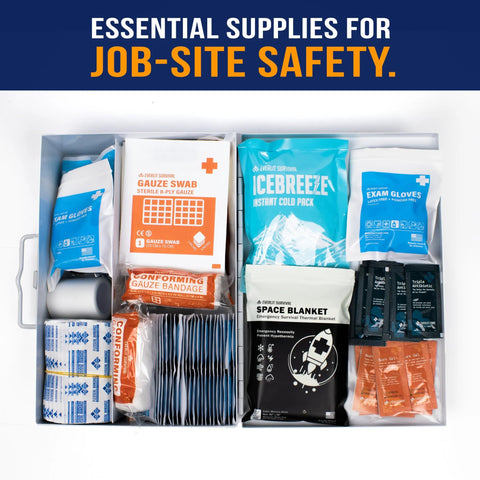 Everlit 185-pc metal first aid kit in gray wall-mount box, open with gauze swabs, ice packs, gloves, bandages, space blanket.