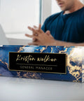 Personalized Acrylic Desk Plate With Your Name In Blue Coast Finish Custom Desk Nameplate For Office Decor on desk