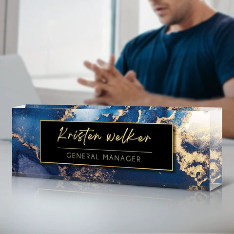Personalized Acrylic Desk Plate With Your Name In Blue Coast Finish Custom Desk Nameplate For Office Decor on desk