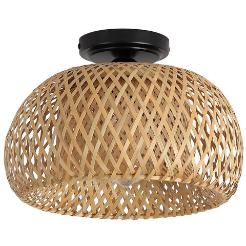 Bamboo Flush Mount Light Fixture With Woven Basket Design, Rustic Boho Semi Flush Ceiling Light for hallways and bedrooms.