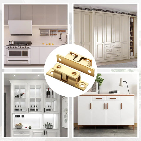 Double Roller Catch Cabinet Latches Set, Adjustable Double Ball Tension Brass Door Latch, 67mm Solid Brass Cabinet Latches And Catches, Built To Last Gold Finish, Pack Of 4 For Secure Cabinets And Drawers showcased in various furniture settings
