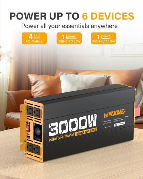 3000W Pure Sine Wave Inverter For RV And Off Grid Power 24V DC To 110V 120V AC 4 AC Outlets Remote Control Type C PD30W USB QC3