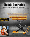 Heavy Duty Electric Scissor Lift Cart With 2600 Lbs Capacity And Locking Casters For Mobile Battery Pack Engine Gearbox Chassis Transmission Jack Repair Tasks with two-button control.