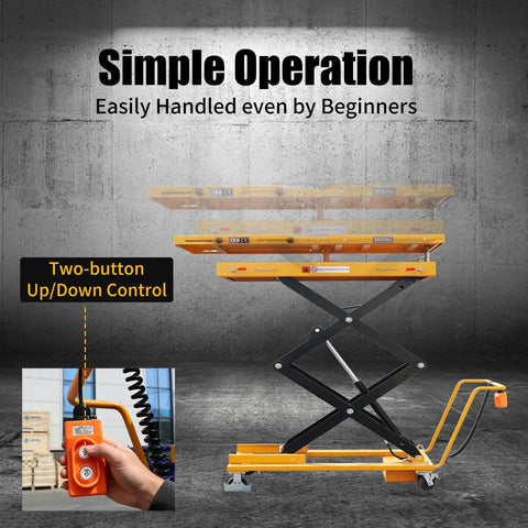 Heavy Duty Electric Scissor Lift Cart With 2600 Lbs Capacity And Locking Casters For Mobile Battery Pack Engine Gearbox Chassis Transmission Jack Repair Tasks with two-button control.