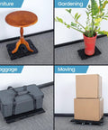Heavy Duty Furniture Dollies 2 Pack With Ultra Smooth Rollers And Modular Linkable Build moves a table, plant, baggage, and boxes.