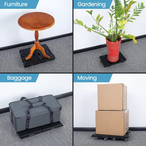 Heavy Duty Furniture Dollies 2 Pack With Ultra Smooth Rollers And Modular Linkable Build moves a table, plant, baggage, and boxes.