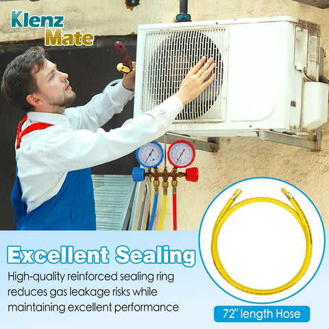 Technician installing 72 Inch 3/8 Inch HVAC Vacuum Hose Pro Grade With Standard 3/8 X 3/8 Flare Fittings on an outdoor unit.