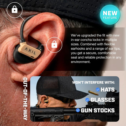 Close-up of Desert Tan Shooting Ear Protection Bluetooth Earbuds With Hearing Enhancement And Noise Isolation in ear, GS Extreme 3.0.