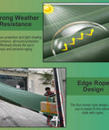 Durable Foldable Canvas Cargo Chute With Weather Resistant Build Ten By One And A Half Meter Size Loading And Unloading Slide For High Rise Jobs, green weatherproof design illustrated with sun protection and rope fix details.