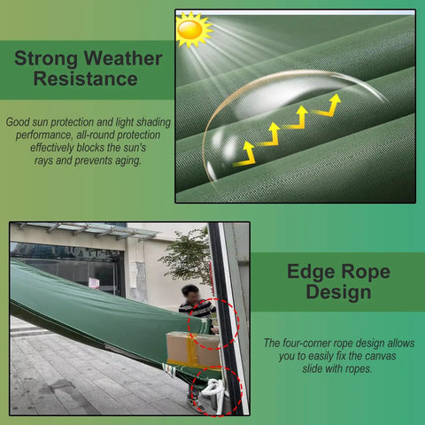 Durable Foldable Canvas Cargo Chute With Weather Resistant Build Ten By One And A Half Meter Size Loading And Unloading Slide For High Rise Jobs, green weatherproof design illustrated with sun protection and rope fix details.