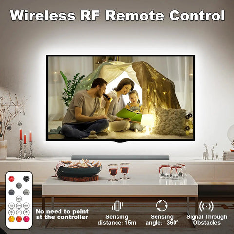 White COB LED Strip Light Max With RF Remote 16.4ft 6500K CRI93+ Dimmable Ultra Bright shown illuminating living room scene