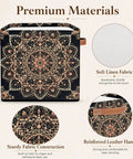 Retro Bronze Mandala Foldable Storage Cubes with soft linen fabric and leather handle, sturdy construction for closet organization.