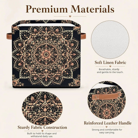 Retro Bronze Mandala Foldable Storage Cubes with soft linen fabric and leather handle, sturdy construction for closet organization.