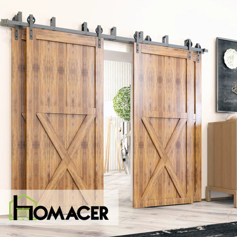 Black Rustic Double Track U Shape Bypass Sliding Barn Door Hardware Kit For Four Doors With 14 Foot Flat Track And Spoke Wheel Rollers No Fuss Space Saving Design Easy Install