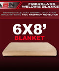 Fiberglass Welding Blanket Fireproof 6x8 Ft, shown in packaging with clear dimensions, offers high temp insulation for welders and smokers.