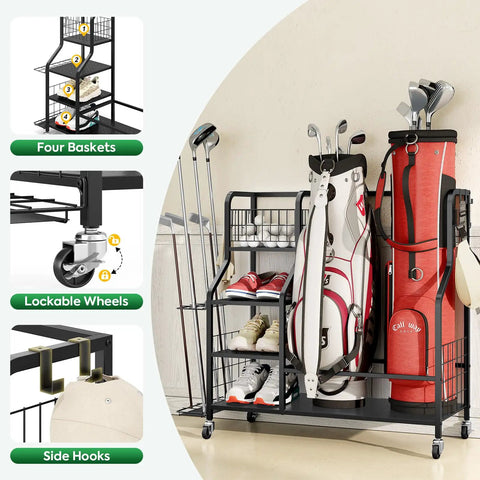 Heavy Duty Golf Storage Organizer For Garage With Lockable Wheels 3 Tier Shelves And Removable Hooks For Golf Bags Clubs