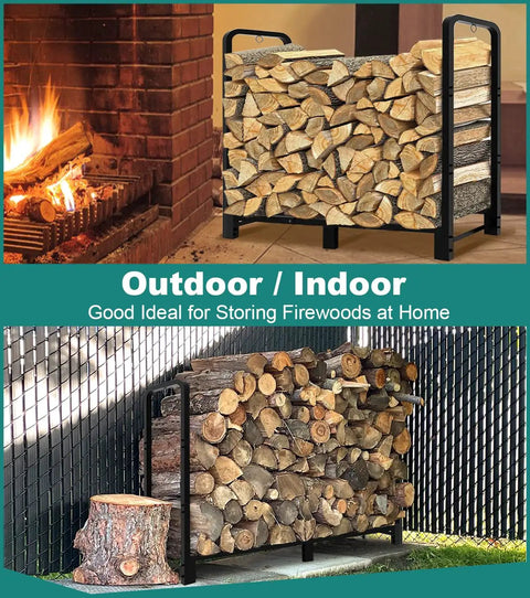 Heavy Duty 4 Foot Firewood Rack For Indoor And Outdoor Use, shown with stacked logs near a fireplace and outdoors by a fence.