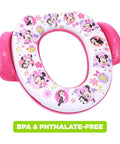 Disney Minnie Mouse Believe In Me Toddler Potty Seat With Super Cozy Cushion And No Fuss Easy Grip Handles. Pink with cartoon designs.