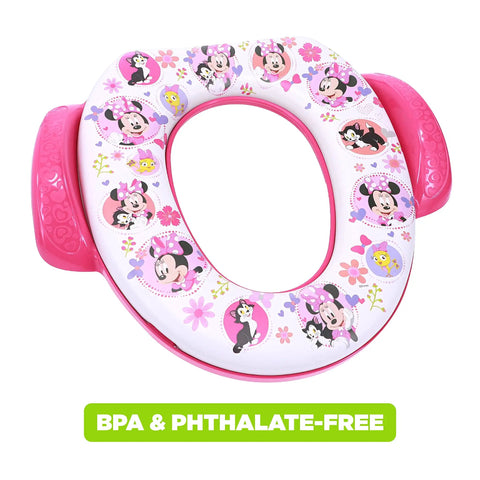 Disney Minnie Mouse Believe In Me Toddler Potty Seat With Super Cozy Cushion And No Fuss Easy Grip Handles. Pink with cartoon designs.