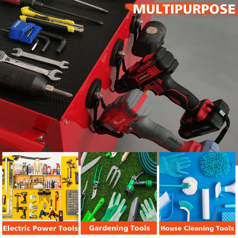 Heavy Duty Magnetic Garage Hooks 4 Pack Extra Strong Magnets Hangers For Power Tools Hose Garden Gear Pegboard And Workshop Storage For Indoor Outdoor Use Black holding tools on a red tool cart