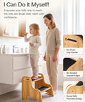 Premium Wooden Two Step Stool Duo Featuring Tough As Nails Build Quality And Wide Non Slip Steps That Handle Up To 350 Lbs Like A Champ For Kitchen And Bath in bathroom use.