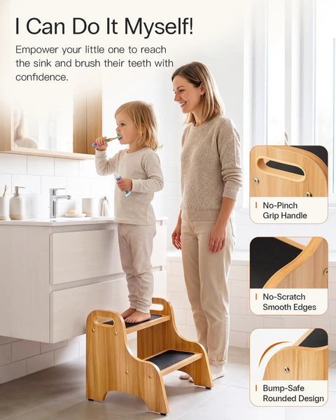 Premium Wooden Two Step Stool Duo Featuring Tough As Nails Build Quality And Wide Non Slip Steps That Handle Up To 350 Lbs Like A Champ For Kitchen And Bath in bathroom use.