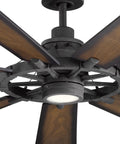 Badass Heavy Duty 85 Inch Ceiling Fan With Bright LED Lighting And Slick Distressed Black Industrial Finish Plus Nine Blade Quiet Airflow Blades For Cool Bedroom Relaxation, close-up view of fan motor and blades.