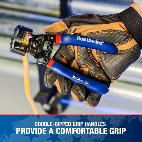 Gloved hand holding Dual Cutter And Romex Box Jaw Wire Stripper For 12/2 14/2 NMB Jackets And 12 And 14 AWG Solid Wire Pro Grade
