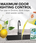 Gray Water Odor Control For RV And Camper Grease Buster Tank Treatment In Lemon Scent poured into sink with lemon and leaves