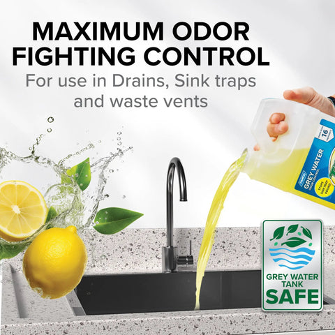 Gray Water Odor Control For RV And Camper Grease Buster Tank Treatment In Lemon Scent poured into sink with lemon and leaves