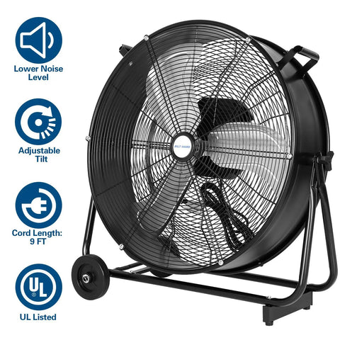 24 Inch Ultra Quiet Variable Speed High Velocity Drum Fan With Brushless DC Motor Delivers Beast Airflow Up To 7800 CFM, showing fan design and features