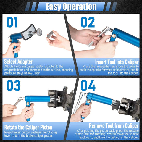 Rpeconu 23-piece blue pneumatic brake caliper tool kit with adapters; four-step instructional collage.
