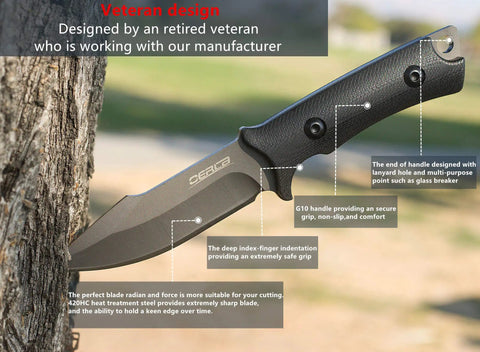 Fixed Blade Knife With Full Tang 420HC Stainless Steel For Outdoor EDC, Hunting, And Survival, G10 handle, in tree