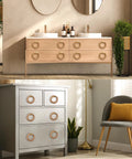 Nautical Twisted Jute Rope Drawer Pulls With Brushed Brass Knobs Set Of 6 installed on cabinets and dresser in modern rooms.