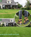 Preassembled Lawn Aerator Shoes With Spiked Soles And Adjustable Straps shown on a lush yard, demonstrating before and after results.