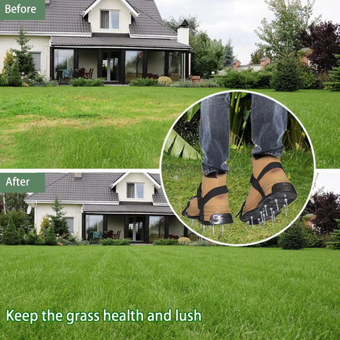 Preassembled Lawn Aerator Shoes With Spiked Soles And Adjustable Straps shown on a lush yard, demonstrating before and after results.