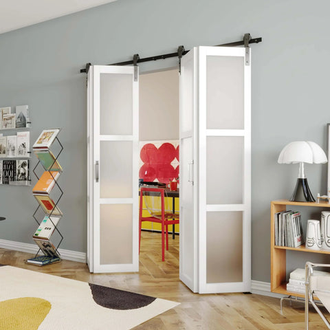 Space Saving Bifold Barn Door Kit With Sliding Hardware For Closet, White MDF Frame, 36 Inch Door Featuring Two 18 Inch Panels