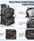 Fishing Backpack With Tackle Boxes 20L Waterproof Sling Bag showing dimensions and multiple storage pockets.