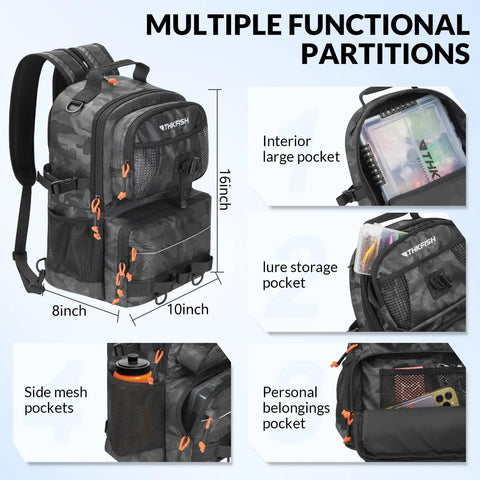 Fishing Backpack With Tackle Boxes 20L Waterproof Sling Bag showing dimensions and multiple storage pockets.