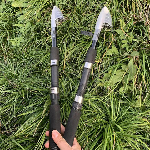 Two Piece Telescopic Fishing Rod And Reel Combo Kit 6.9 Foot Carbon Fiber Spinning Rods on grass