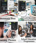 Beefy Benchtop Power Supply And Digital Multimeter Duo used in lab, phone repair, and education settings, 60V 10A 300W, 2.8 Inch LCD.