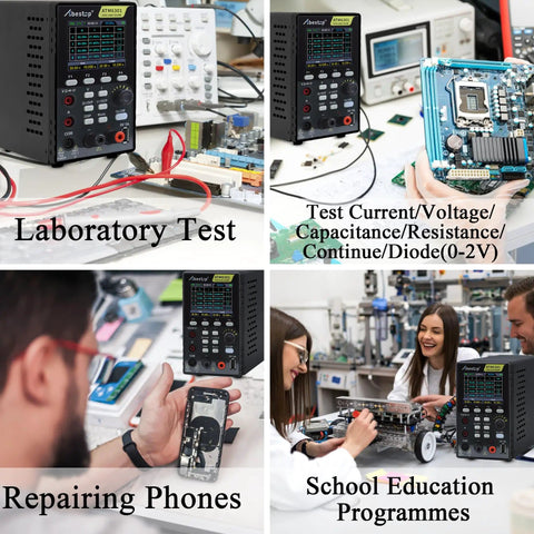Beefy Benchtop Power Supply And Digital Multimeter Duo used in lab, phone repair, and education settings, 60V 10A 300W, 2.8 Inch LCD.