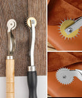 Two Pack Tracing Wheel Set With Wooden Handles Pro Perforator Tools For Sewing Patterns Arts And Leather Crafts Durable Metal Wheels In Fine And Medium Sizes For All Projects displayed on wood and leather.