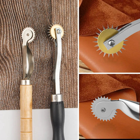 Two Pack Tracing Wheel Set With Wooden Handles Pro Perforator Tools For Sewing Patterns Arts And Leather Crafts Durable Metal Wheels In Fine And Medium Sizes For All Projects displayed on wood and leather.