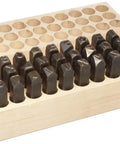36-Piece Hand Cut Steel Stamp Set With Letters And Numbers, One-Half Inch Character Size, multicolor handles in wood tray