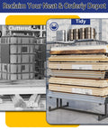 Rock Solid Double Sided Lumber And Pipe Storage Rack With Reinforced Cross Bracing Holding Two Thousand Pounds For Garage Projects Or Long Material Layouts, showing organized wood and pipes.