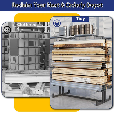 Rock Solid Double Sided Lumber And Pipe Storage Rack With Reinforced Cross Bracing Holding Two Thousand Pounds For Garage Projects Or Long Material Layouts, showing organized wood and pipes.