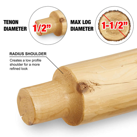 Tenon Cutter For Log Furniture Half Inch Diameter Pro Series Machined From A Solid Aluminum Billet One Half Inch Shank Dual Blades Create A Radius Shoulder Profile DIY Made In USA Heavy Duty Tool showing radius shoulder on log.